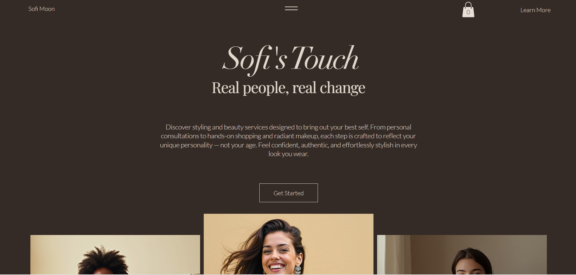 Homepage concept for Sofi's Touch: brown background, script logo, short introduction and a Get Started button