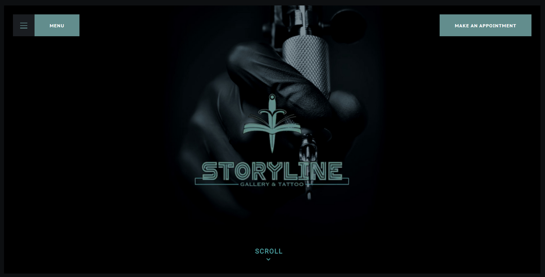Homepage of the Storyline Gallery and Tattoo website: dark hero with the shop logo and a Make an Appointment button