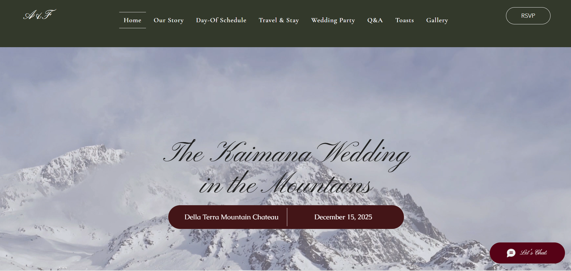 Homepage of the wedding website with a mountain photo, the event title, venue and date, and an RSVP button